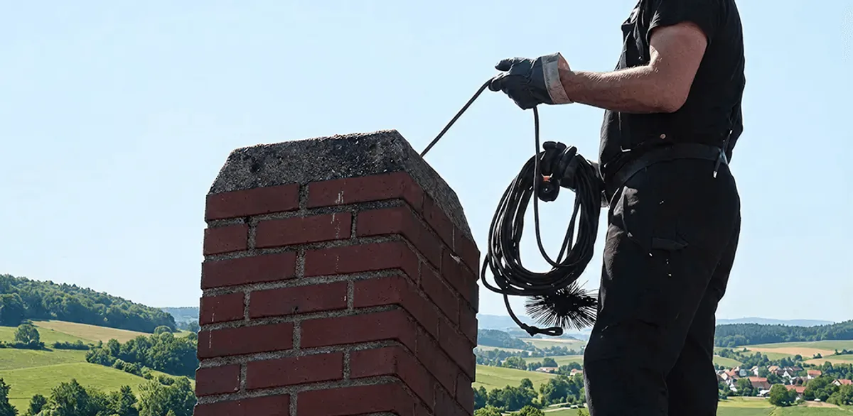 Chimney sweep inspecting and cleaning a rooftop chimney in St Paul, MN