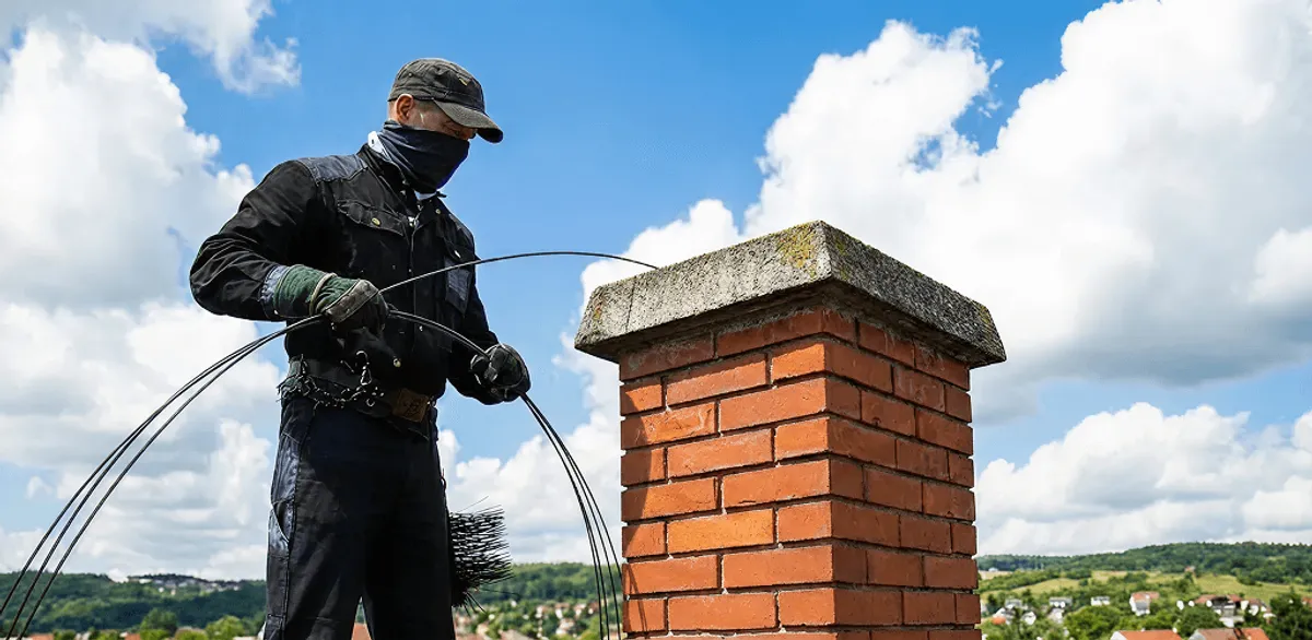 Chimney sweep cleaning a brick chimney with professional tools in St Paul, MN