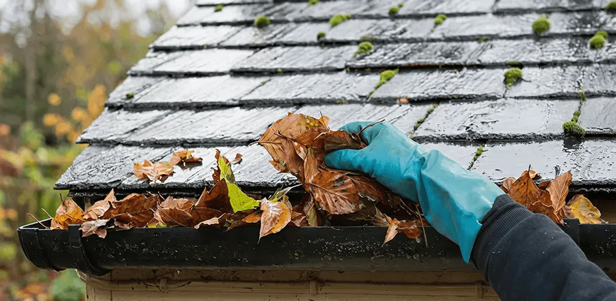 Gutter cleaning technician clearing wet leaves from roof gutters in St Paul, MN